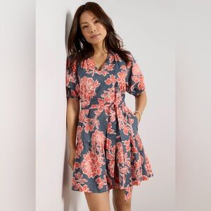 NWT Evereve Dress Sunny Mini Navy Coral Floral Belted V Neck Preppy Women Small‎